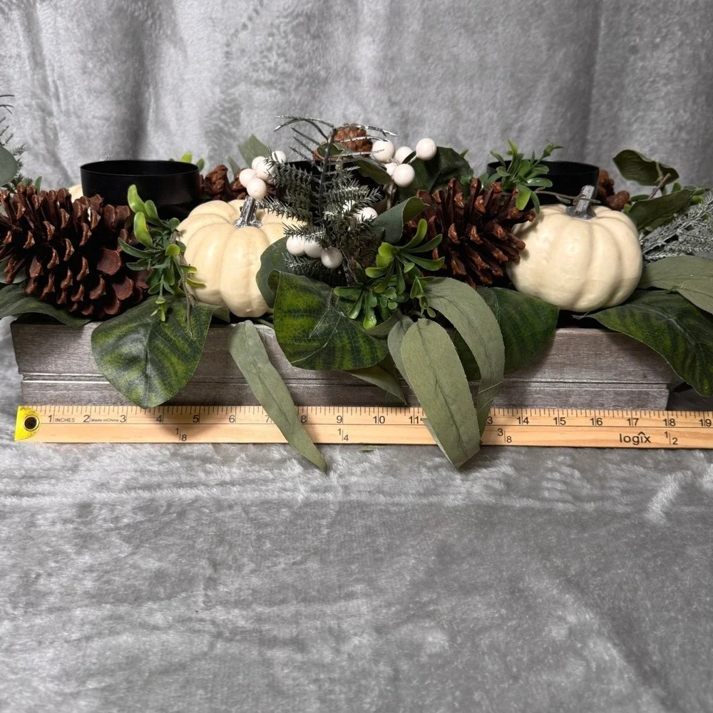 Rustic Farmhouse Woodlook Candle Centerpiece White Pumpkins Pine Cone Fall Decor